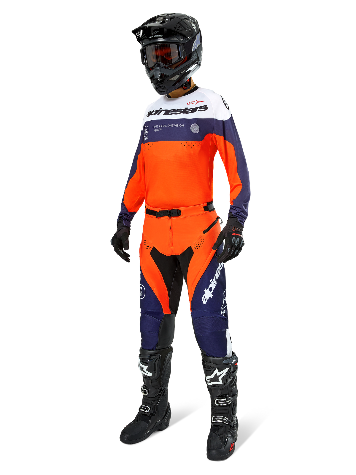 Alpinestars Pro-Dura Pants, Motocross and Enduro Pants, Navy Hot Orange and White, worn as part of a complete racing gear set with matching jersey, black helmet, and black boots, featuring durable panels and bold branding for off-road performance.