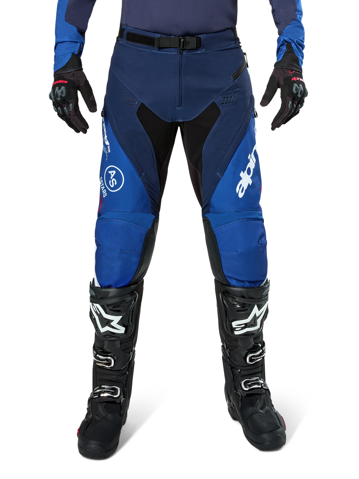 Alpinestars Pro-Dura Pants, Motocross Pants, Navy and Bright Blue with White accents, front view worn with black boots and gloves, technical design for enduro and off-road riding