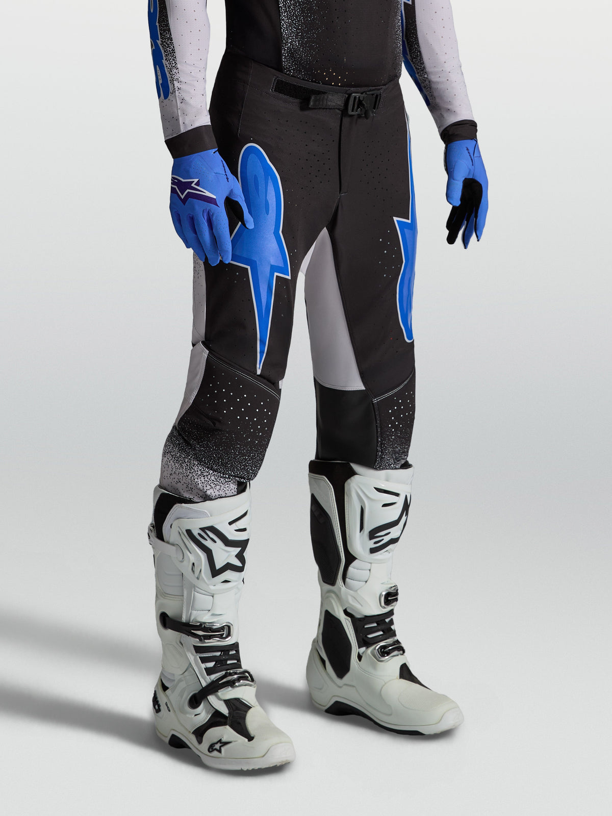 Alpinestars Supertech Hiten AFD Pants, Black and Blue Men's Motocross Racing Pants with athletic second-skin fit.