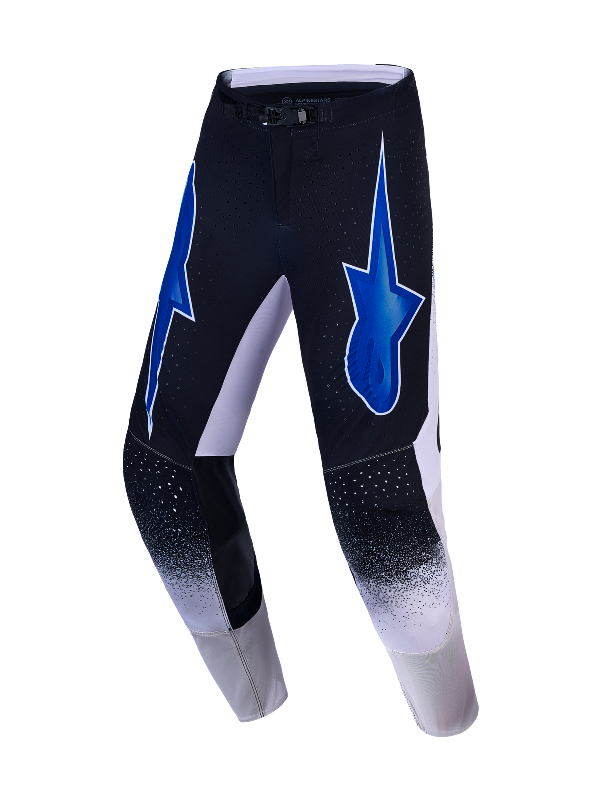 Alpinestars Supertech Hiten AFD Pants, men's black and blue motocross racing pants with athletic stretch and star logos.