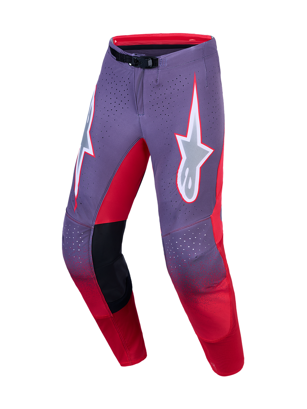 Alpinestars Supertech Hiten AFD Motocross Pants in purple and red with laser-cut ventilation and a precise race fit.