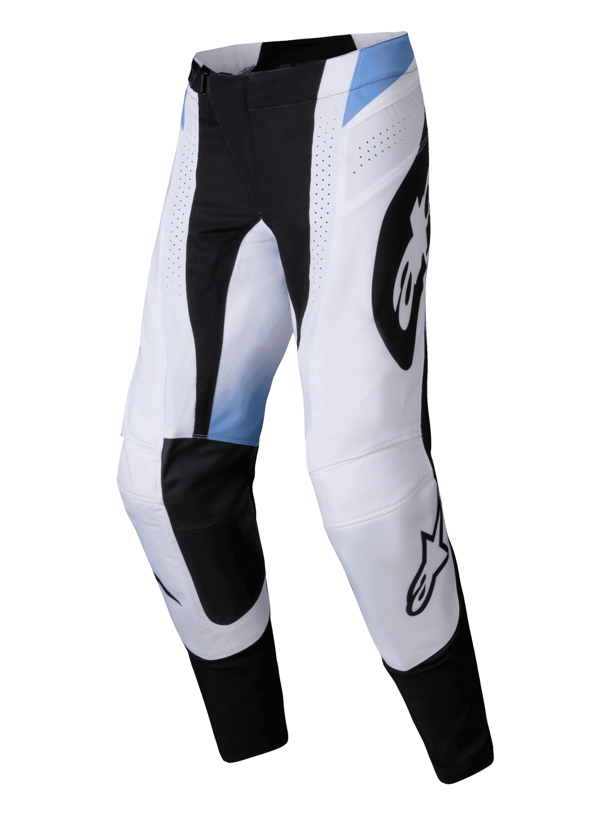 Alpinestars 2025 Techstar Melt Pants, Motocross Pants, White and Black with Light Blue accents, featuring large black Alpinestars logos, laser-cut ventilation holes, and a durable athletic fit for off-road racing.