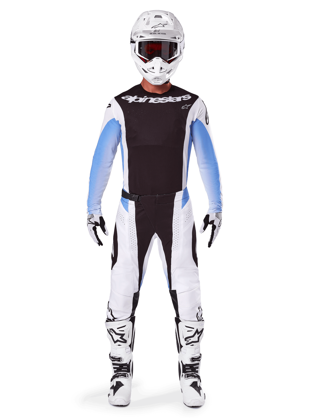 Motocross rider wearing Alpinestars 2025 Techstar Melt Pants, Motocross Pants, Black and Blue, white and black multi-panel design with blue hip accents, worn with matching white jersey, white helmet, white gloves, and boots for a complete off-road racing kit