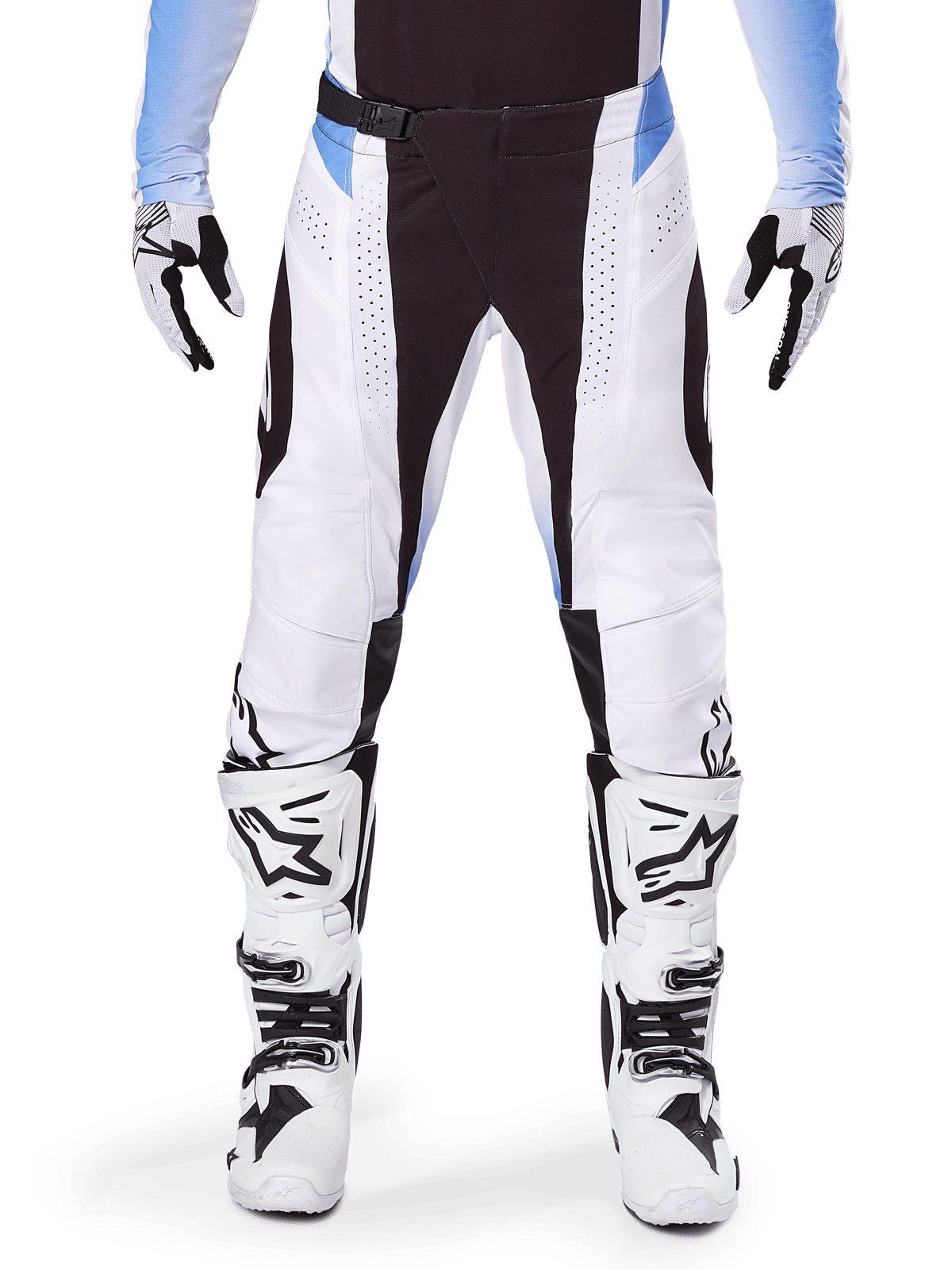 Alpinestars 2025 Techstar Melt Pants, Motocross Pants, White and Black with Light Blue accents, worn with matching white and black boots and gloves, featuring laser-cut perforations and high-performance racing design.