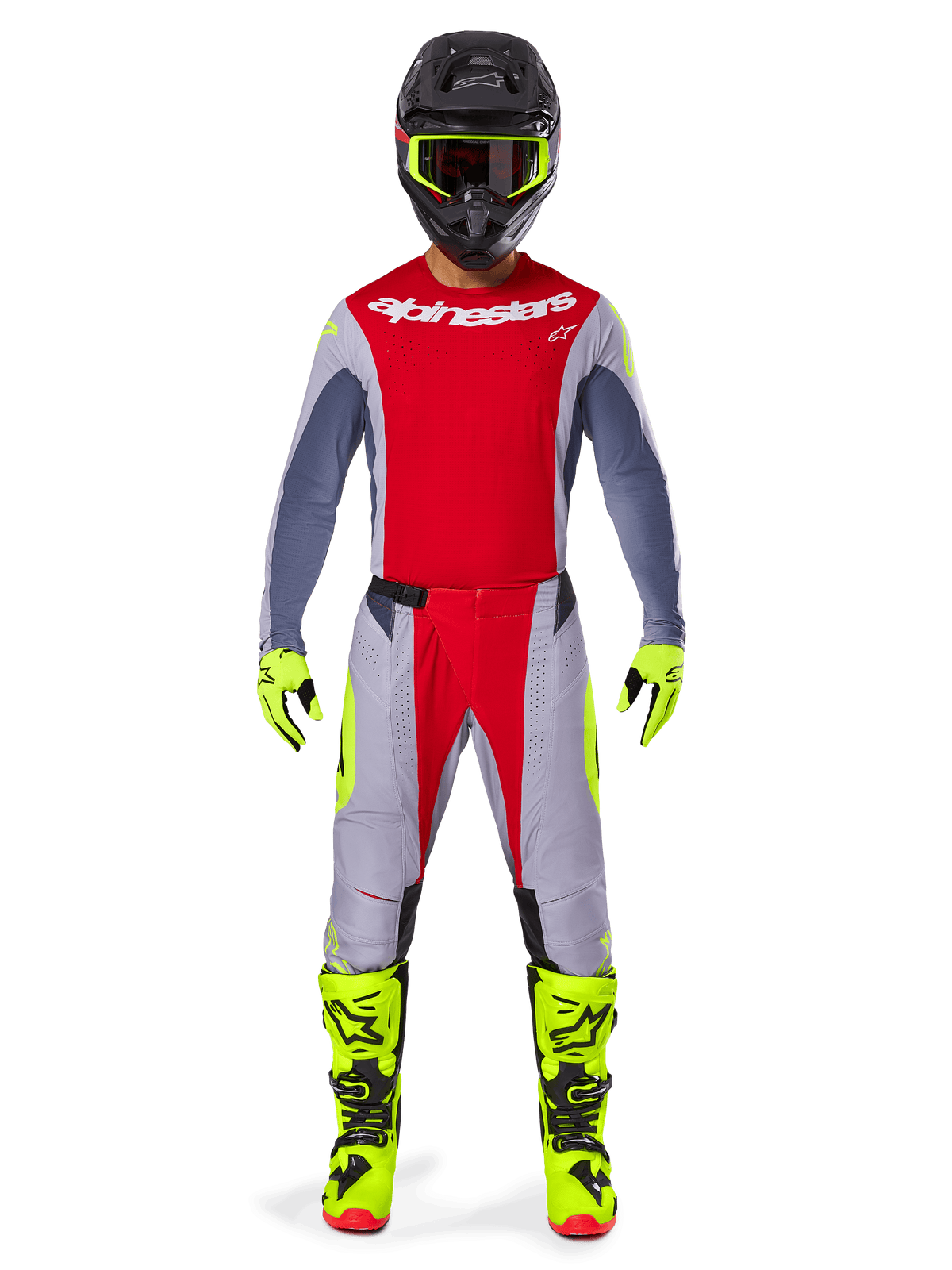 Motocross rider wearing the Alpinestars 2025 Techstar Melt Gear Set in Bright Red Gray, featuring a red jersey with gray sleeves, gray pants with red and fluorescent yellow accents, coordinated neon yellow boots and gloves, and a black helmet with neon yellow goggles.