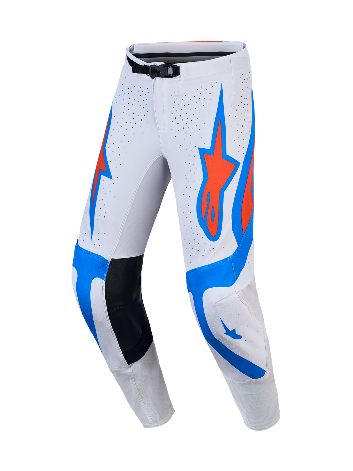 Alpinestars Supertech Vesta Men's Motocross Pants in white, light lilac, and cardinal red with perforated panels.