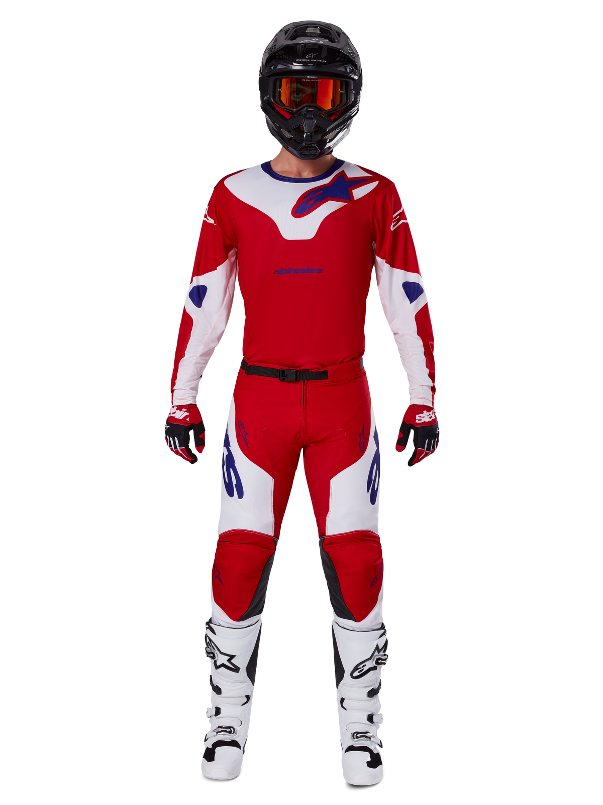 Alpinestars 2025 Racer Veil Pants and complete motocross gear set, Bright Red and White with blue accents, featuring a matching jersey, black helmet with orange goggles, white and black boots, and red gloves, coordinated performance look for off-road racing