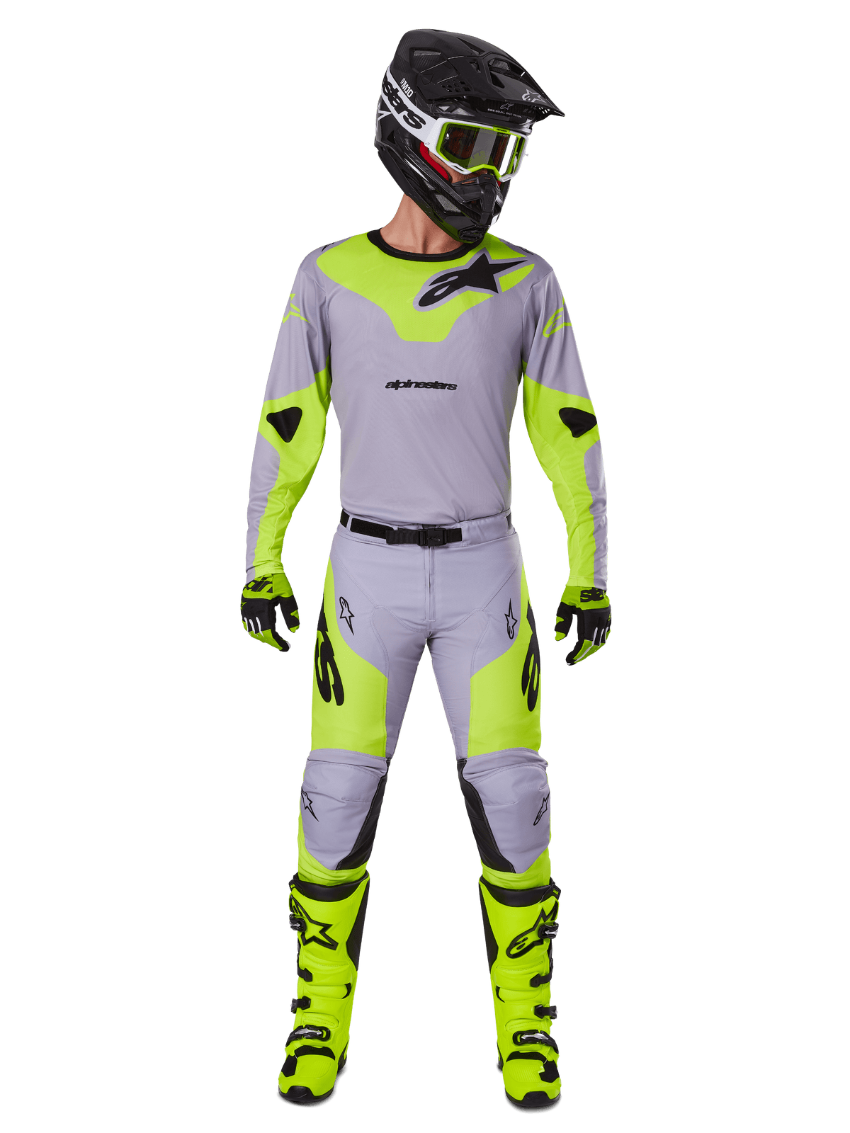 Alpinestars 2025 Racer Veil Pants, Motocross Pants, Gray and Yellow Fluo, worn as a complete racing gear set with matching jersey, helmet, boots, and gloves, featuring black branding and ergonomic design for off-road performance