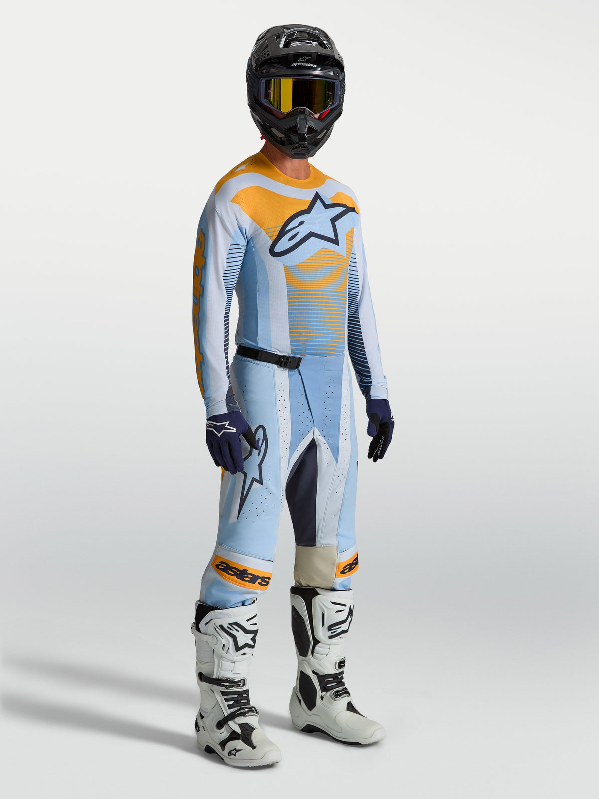 Alpinestars 2027 Techstar Maven Pants, men's motocross pants in dust blue and tangerine with performance ripstop stretch.