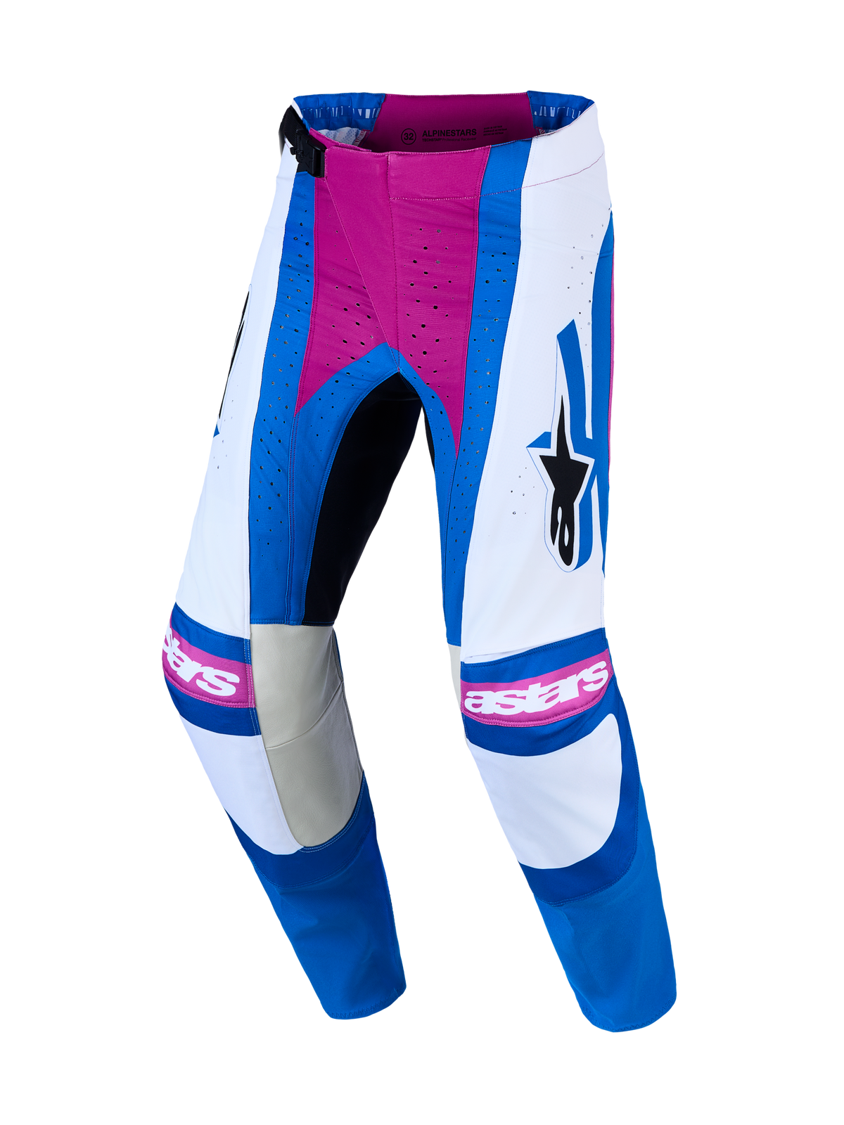 Alpinestars Techstar Maven Motocross Pants, White, Hot Coral, and Blue, with laser-perforated zones and 600D polyfabric.