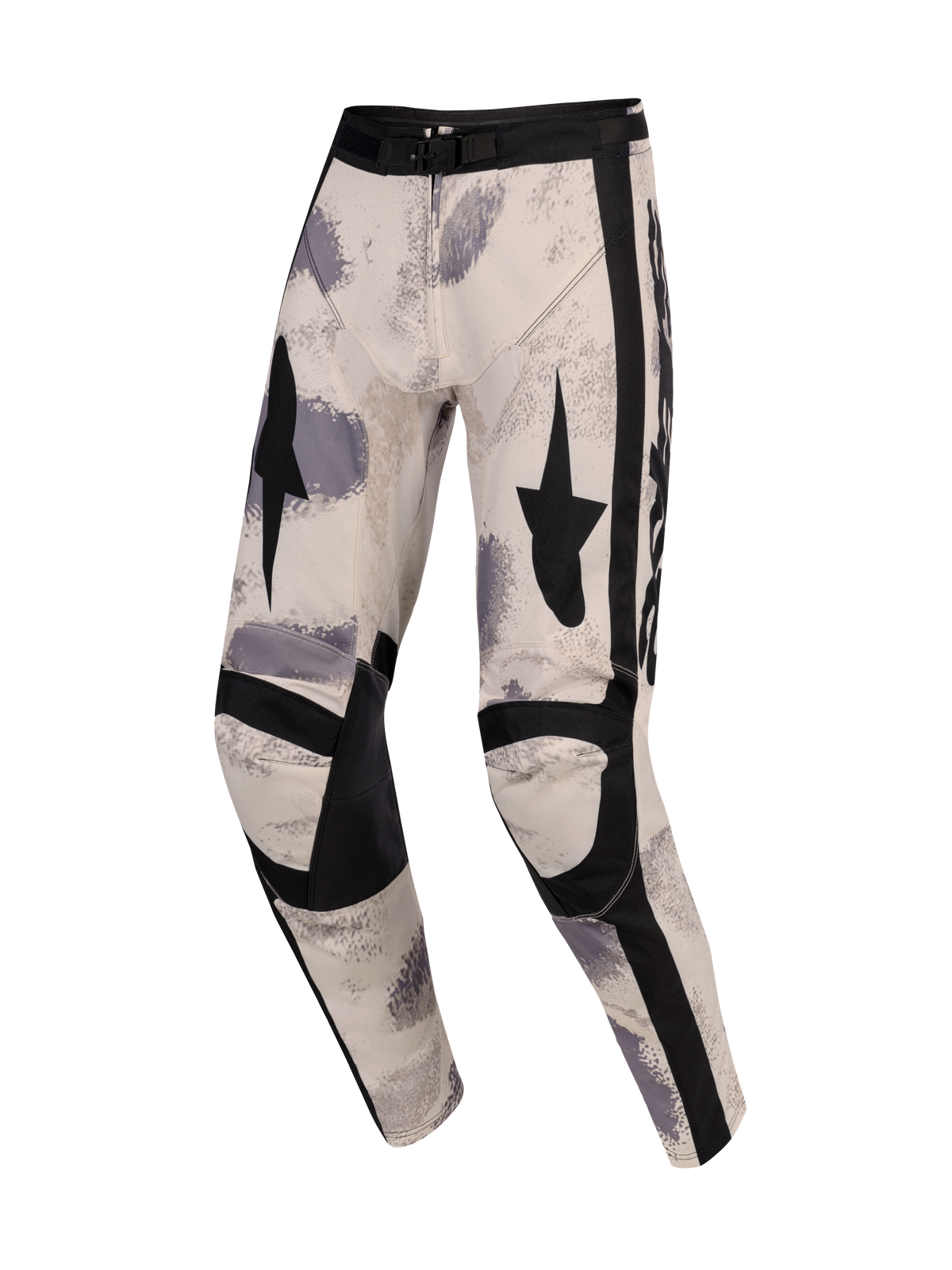 Alpinestars 2026 Racer Lahnd Pants, Motocross Pants, Sand Camo, featuring off-white base with gray and black brushstroke patterns, black star graphics on thighs, reinforced black knee panels, and adjustable waist buckle, ergonomic off-road racing design