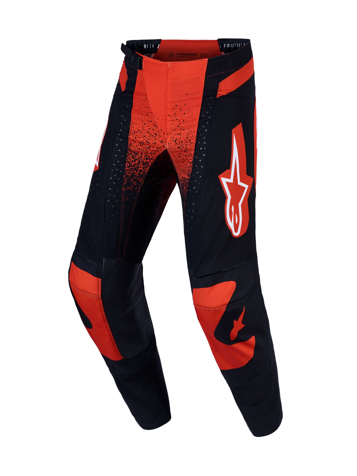 Alpinestars Techstar Swan Pants for motocross in Cardinal Red and Black, featuring a stretch chassis and leather knees.