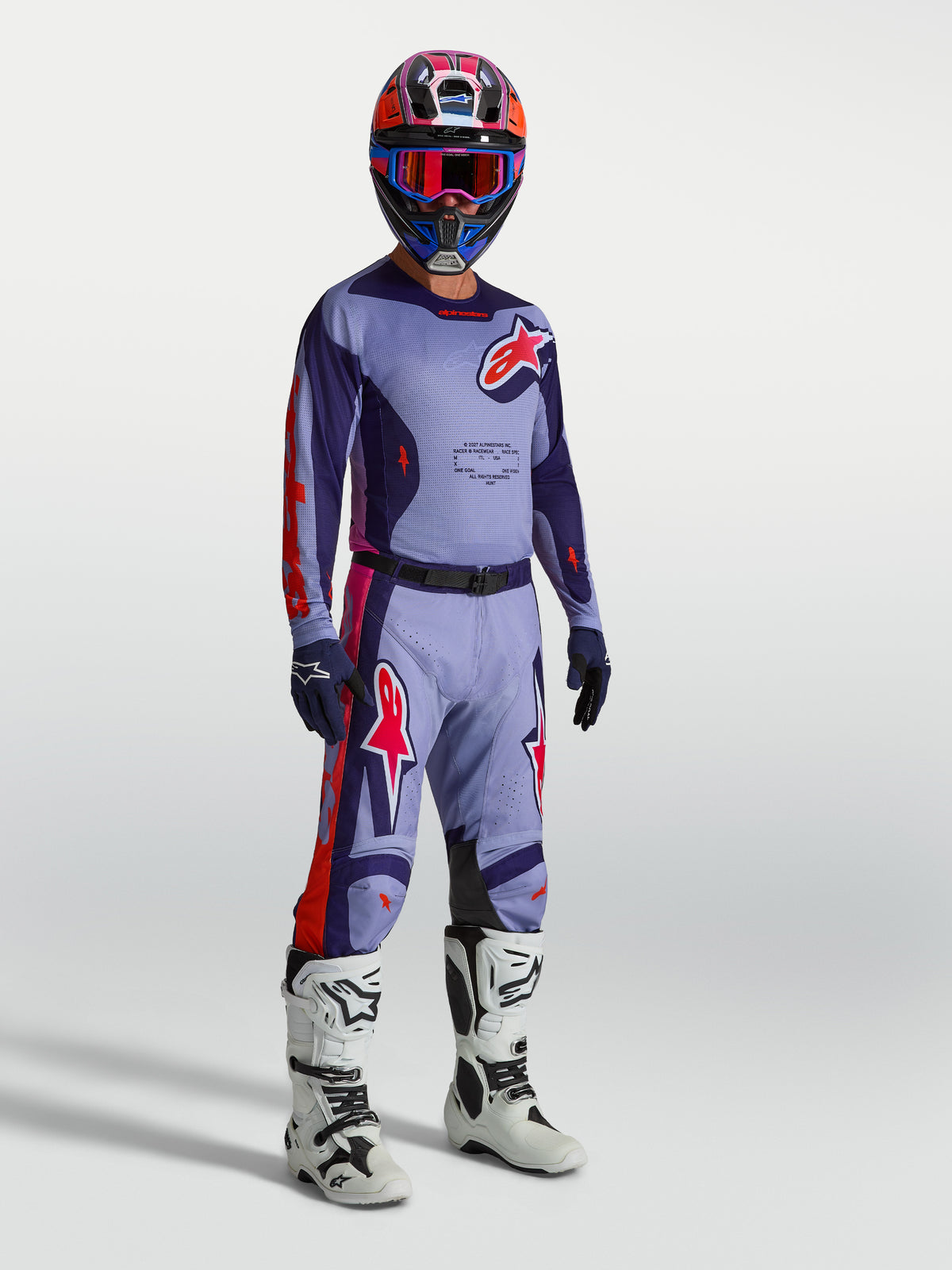 Alpinestars Racer Air Hunt Pants, men's motocross gear in purple and pink fluo, ventilated polyfabric with leather knees.