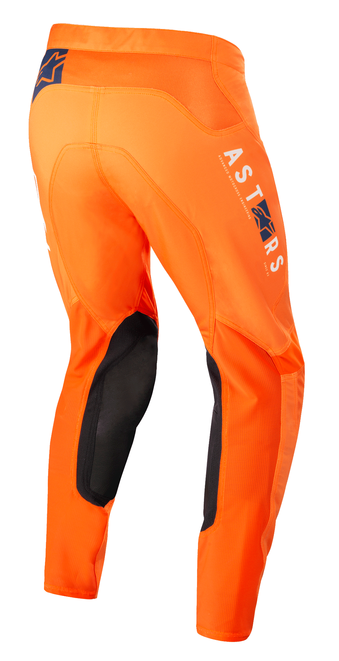 Alpinestars Supertech Foster Pants, Motocross Pants, Orange, featuring black inner knee panels, white and blue ASTARS branding on the leg, advanced stretch rip-stop construction, rear-side view