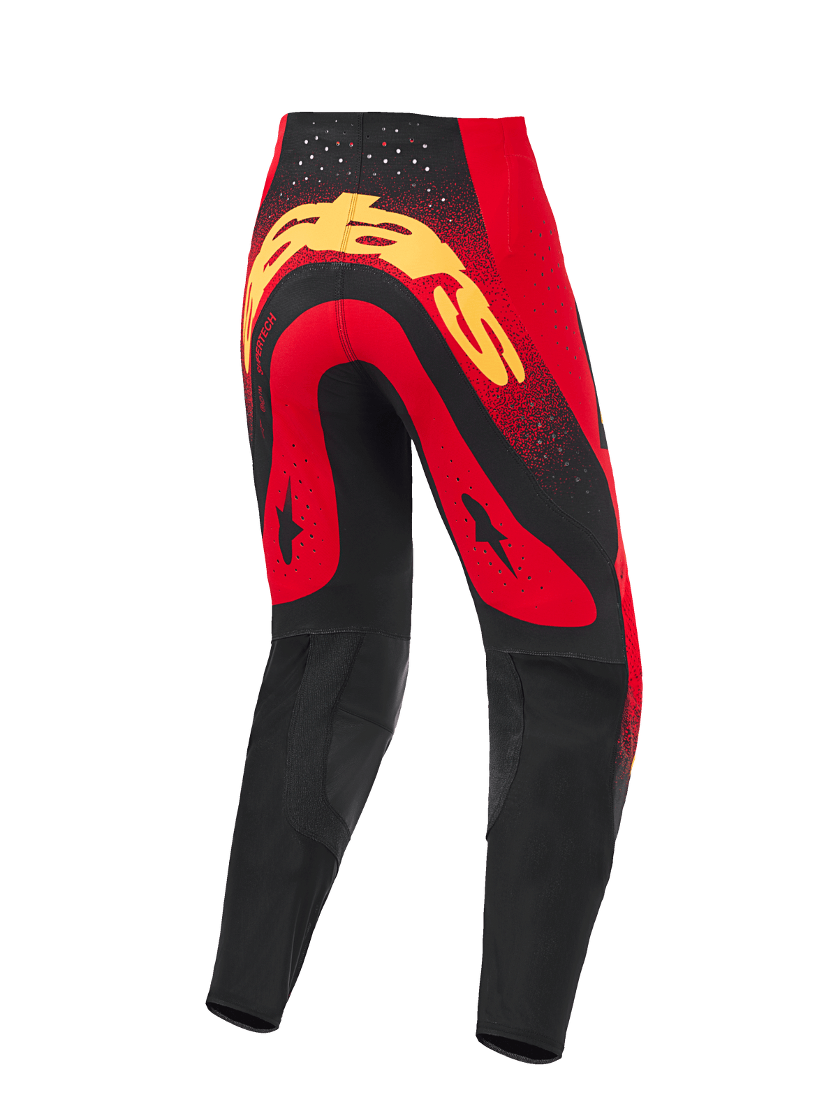 Alpinestars 2026 Supertech Scenz Pants, Motocross Pants, Red Black and Yellow, rear view featuring a large yellow logo across the seat, red panels with black star graphics, laser-cut perforations at the waist, and black reinforced lower leg panels.