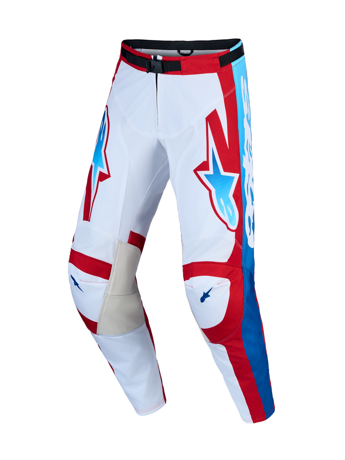 Alpinestars Racer Hunt Pants and Gear Set, white and red men's motocross pants with blue accents and leather inner knees.