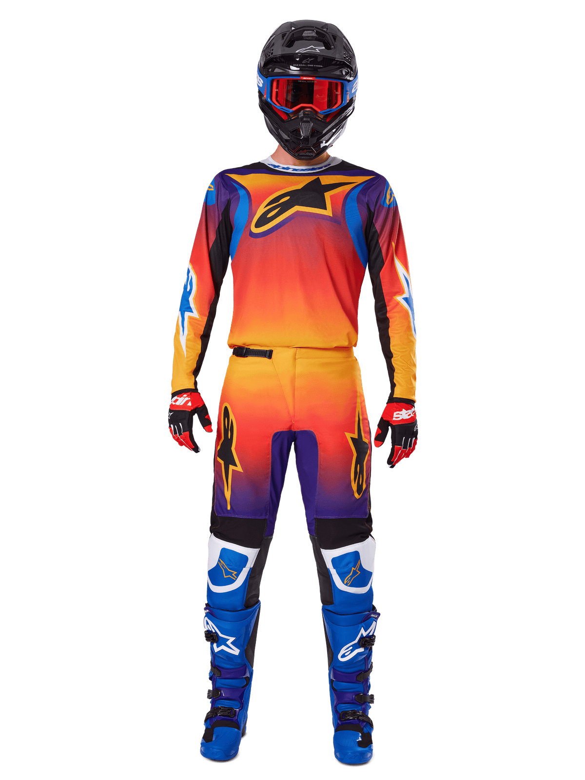 Alpinestars 2025 Fluid Wurx Pants, Motocross Pants, Multicolor orange yellow and purple gradient, worn with matching jersey, black helmet with blue goggles, red and black gloves, and blue boots, coordinated motocross racing gear