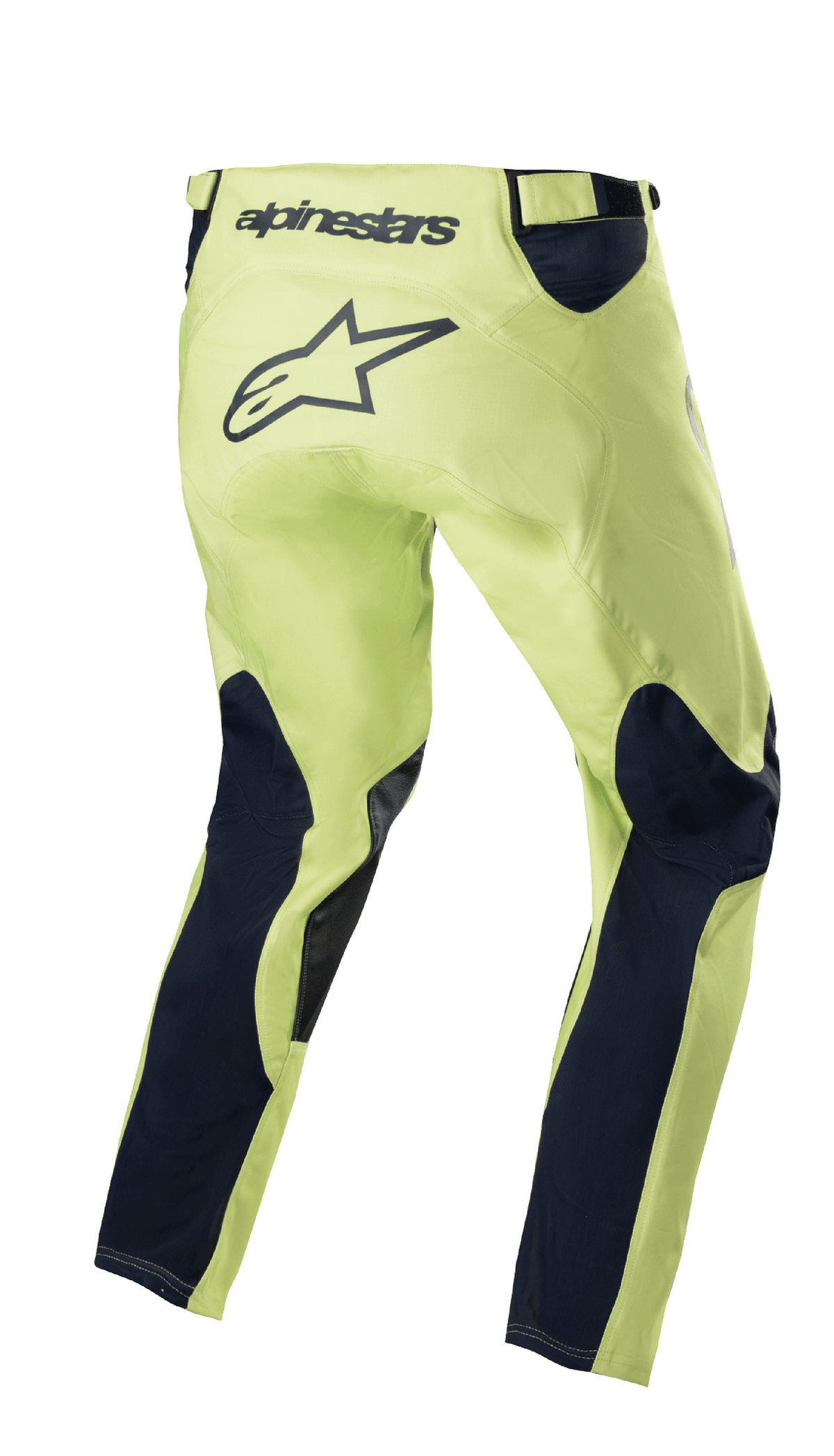 Alpinestars 2023 Racer Hoen Pants, Motocross Pants, Fluorite Green and Night Navy, rear view featuring neon green chassis with navy blue leg panels, large black star logo on the seat area, ergonomic pre-curved design for off-road racing
