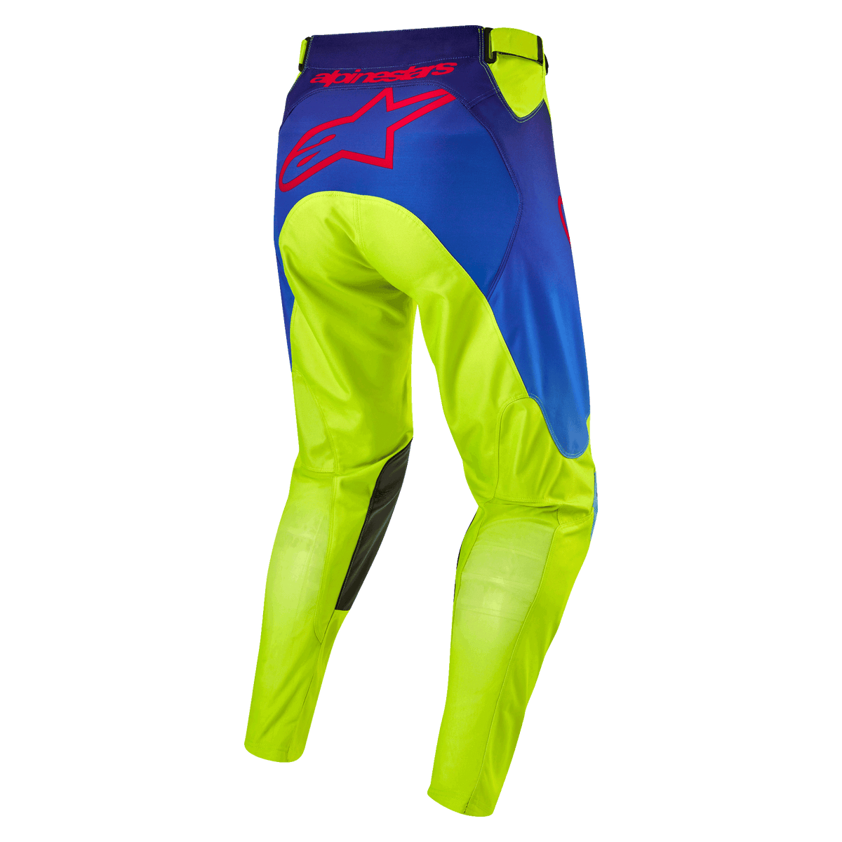 Alpinestars 2024 Racer Hoen Pants, Motocross Pants, Yellow Fluo and Blue Night Navy, rear view showing large red Alpinestars star logo, dark leather inner knee patches, durable technical fabric for off-road racing