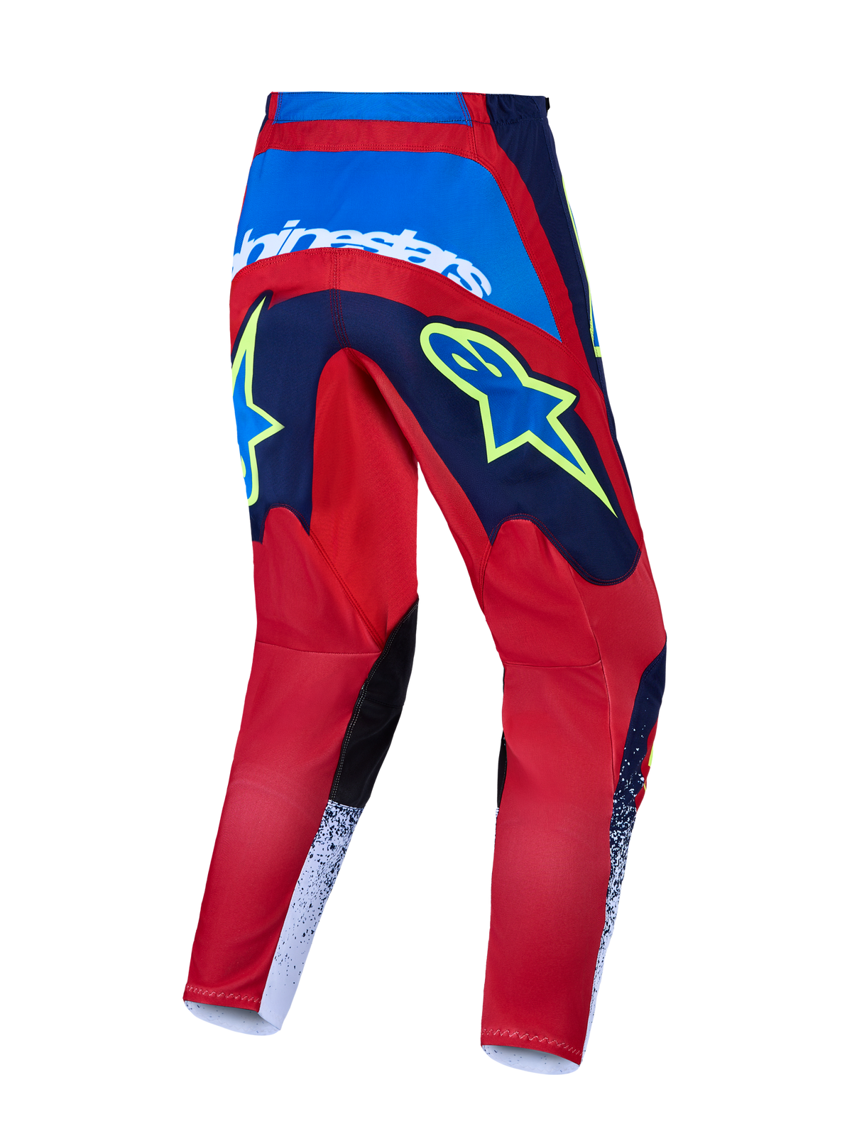 Alpinestars 2027 Fluid Drag Motocross Pants in red and blue featuring bold yellow graphics and reinforced seat construction.