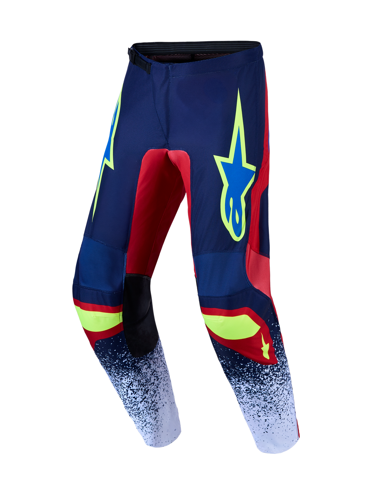 Alpinestars 2027 Fluid Drag Motocross Pants in Navy Blue and Red with protective polyfabric and neon yellow accents.