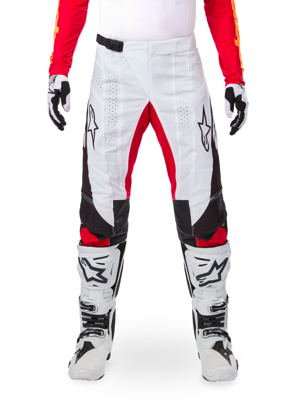 Alpinestars Limited Edition Techstar Deep Pants, Motocross Pants, Black White and High Red, worn with matching red jersey, white and black gloves and boots, featuring white front panels, red inner leg accents, black side panels, Alpinestars logos on thighs, and laser-perforated details for ventilation.