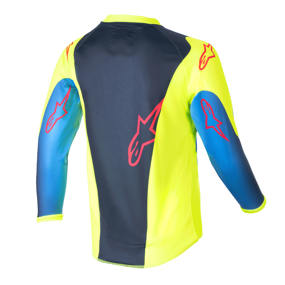 Alpinestars Kids 2024 Racer Graphic 1 Jersey, Motocross Jersey, Yellow Fluo and Blue Night Navy, Back View showing red star logos, vibrant design with navy center panel and yellow sides, lightweight poly-fabric for off-road riding
