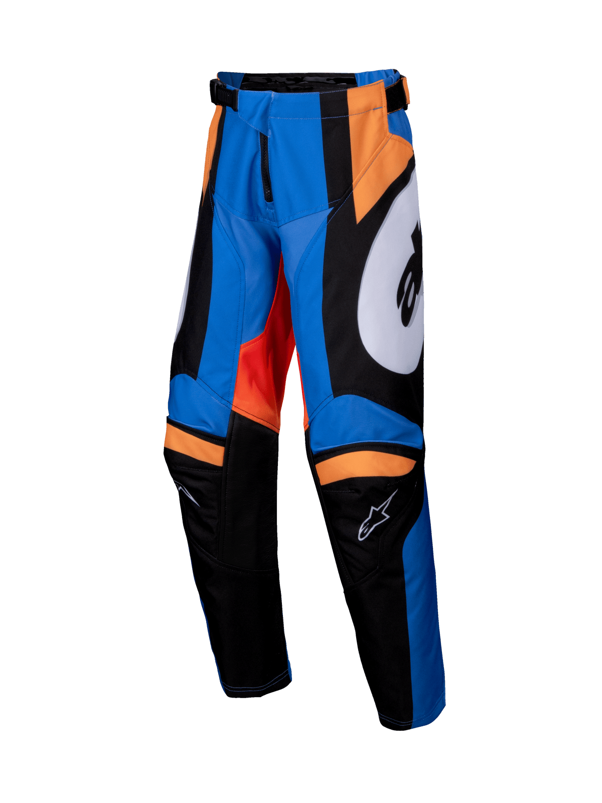 Alpinestars 2025 Youth Racer Melt Pants, Motocross Pants, Orange and Blue with Black and White accents, bold graphic panels, pre-curved leg construction, reinforced inner knees, adjustable waist with ratchet closure