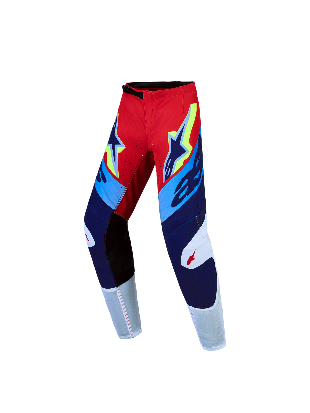 Alpinestars 2027 Youth Supertech Dyna Pants, youth motocross racing pants in fire red and navy blue with stretch panels.