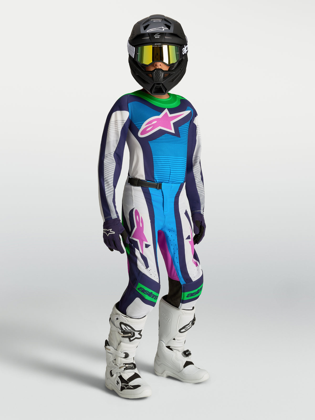 Alpinestars Youth Supertech Maven Pants, Motocross Racing, Youth, Blue and White with Green, athletic performance fit.