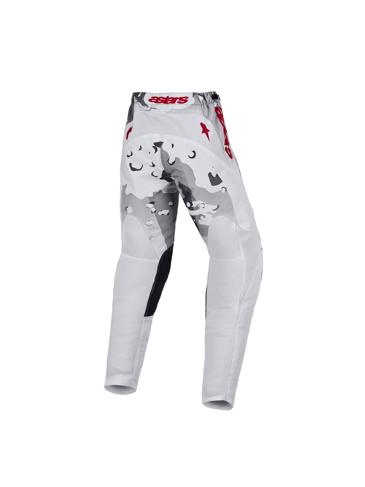 Alpinestars 2027 Youth Fluid Lone Pants, gray camo and white motocross racing gear with red accents, rear view.