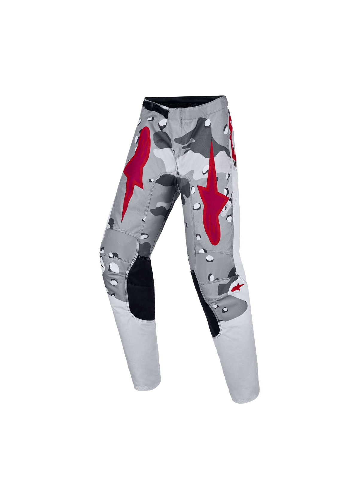 Alpinestars Youth Fluid Lone Pants, gray camo and red motocross pants with ergonomic fit for off-road riding.