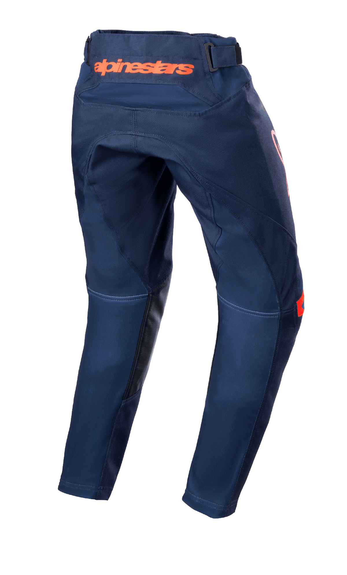Alpinestars Youth 2023 Racer Narin Pants, Motocross Pants, Night Navy and Hot Orange, rear view showing orange Alpinestars branding on the waist and black leather inner leg reinforcements, durable textile design for off-road riding