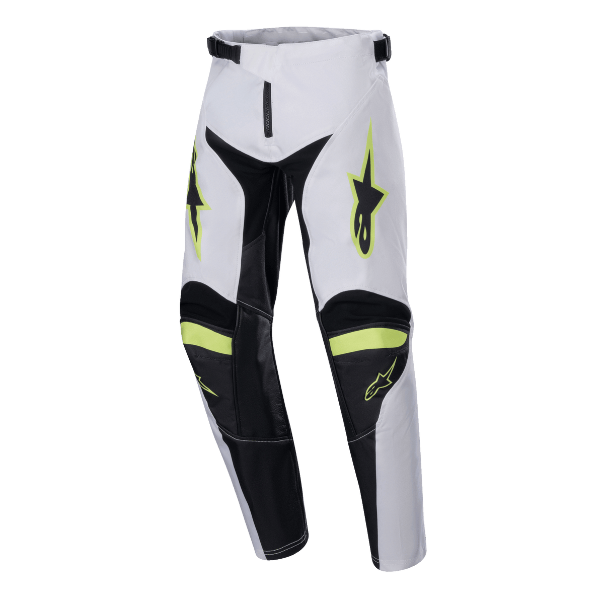 Alpinestars Youth 2024 Racer Lucent Pants, Motocross Pants, White Black and Yellow Fluo, star logos on thighs, black panels on inner legs and knees, sporty pre-curved design for motocross performance