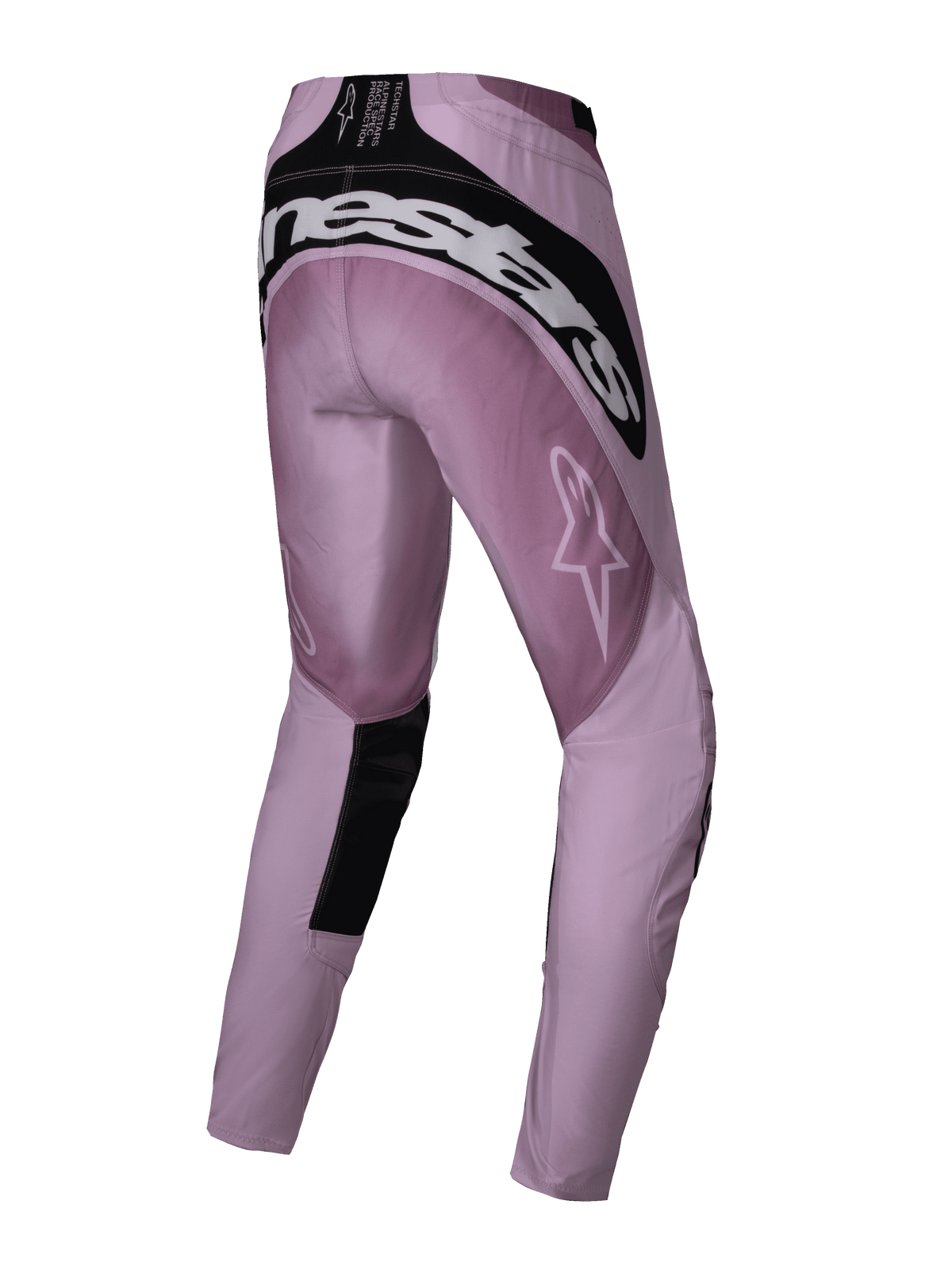 Alpinestars 2025 Woman Stella Techstar Melt Pants, Motocross Pants, Blush and Black, rear three-quarter view showing white Alpinestars branding on the back yoke, pink ripstop fabric with black accents, designed for performance off-road racing