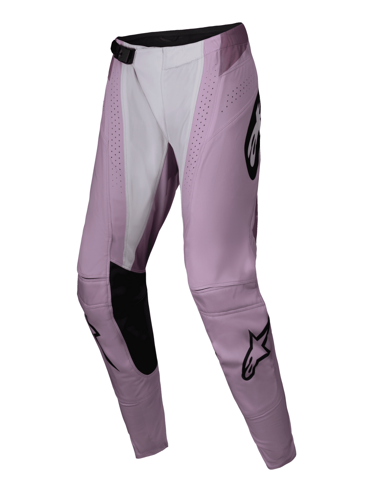 Alpinestars 2025 Stella Techstar Melt Pants, Women's Motocross Pants, Blush and White with Black accents, featuring laser-cut perforations, reinforced inner knees, and iconic black star logos, designed for high-performance off-road racing