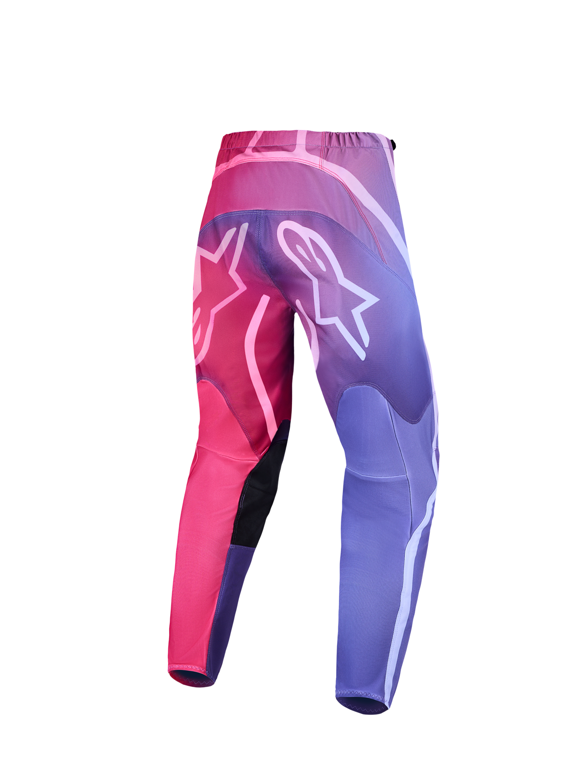 Alpinestars Stella Fluid Kepler Women's Motocross Pants, pink and purple gradient back view with white Astar logos.