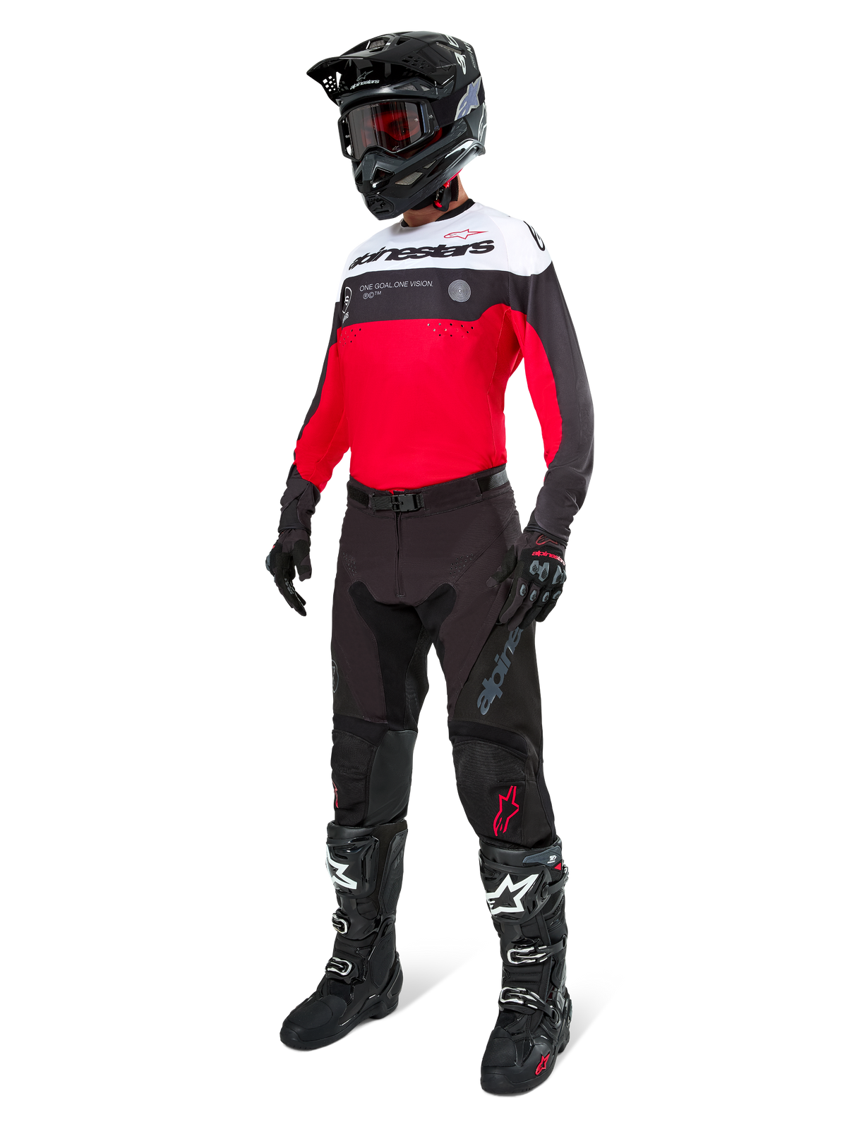 Alpinestars Pro-Dura Jersey, Motocross and Enduro Jersey, Black Bright Red and White, worn with black pants, black helmet, and black and white boots, featuring bold chest branding and laser perforations, high-performance gear for off-road riding