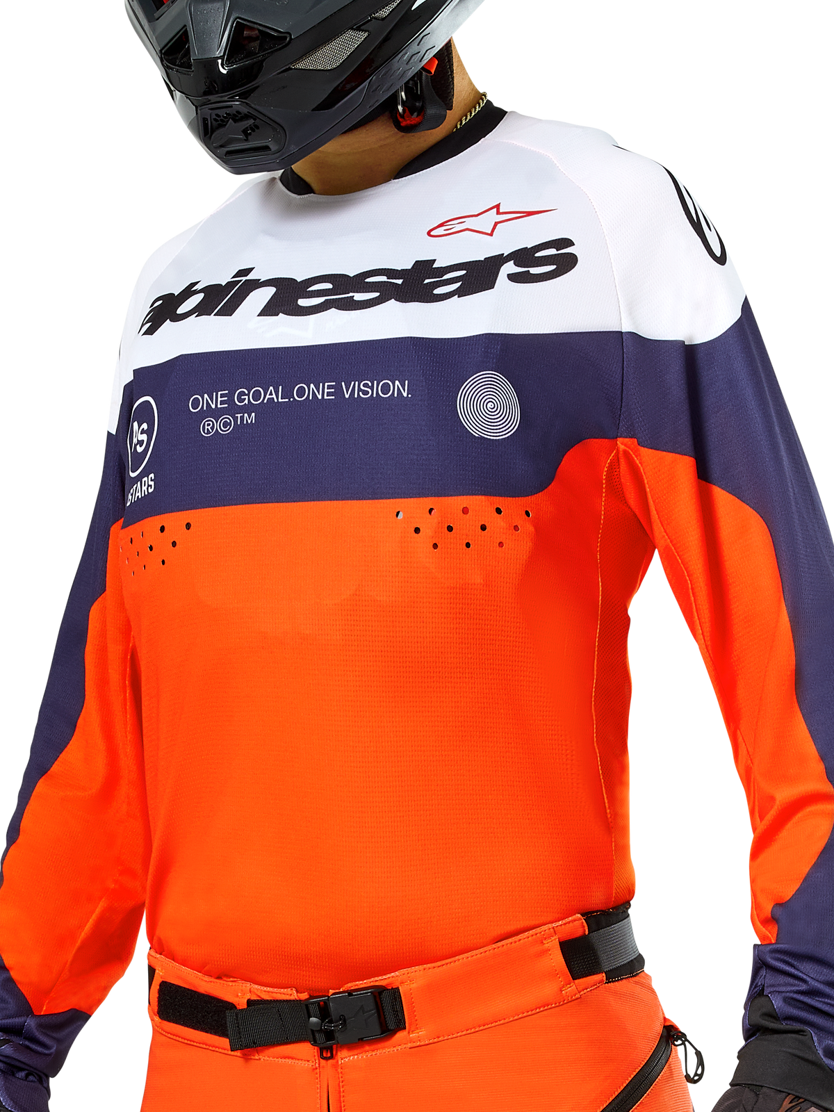 Alpinestars Pro-Dura Jersey, Motocross and Enduro Jersey, Navy Hot Orange and White, lightweight textile with breathable construction, long sleeves with stretch cuffs, sporty off-road design