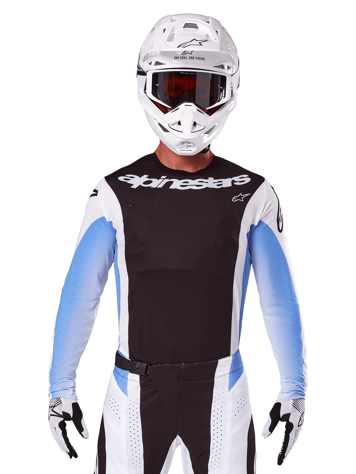 Alpinestars 2025 Techstar Melt Jersey, Motocross Racing Gear, Black White and Blue, Long Sleeve Jersey with matching pants and gloves, Rider wearing complete MX outfit with white helmet and goggles