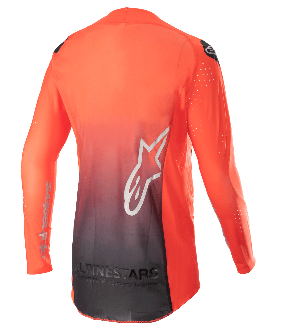 Alpinestars 2023 Supertech Risen Jersey, Motocross Jersey, Hot Orange and Black, back view featuring an orange to black gradient design, large white star logo on the back, and breathable mesh fabric for off-road performance.