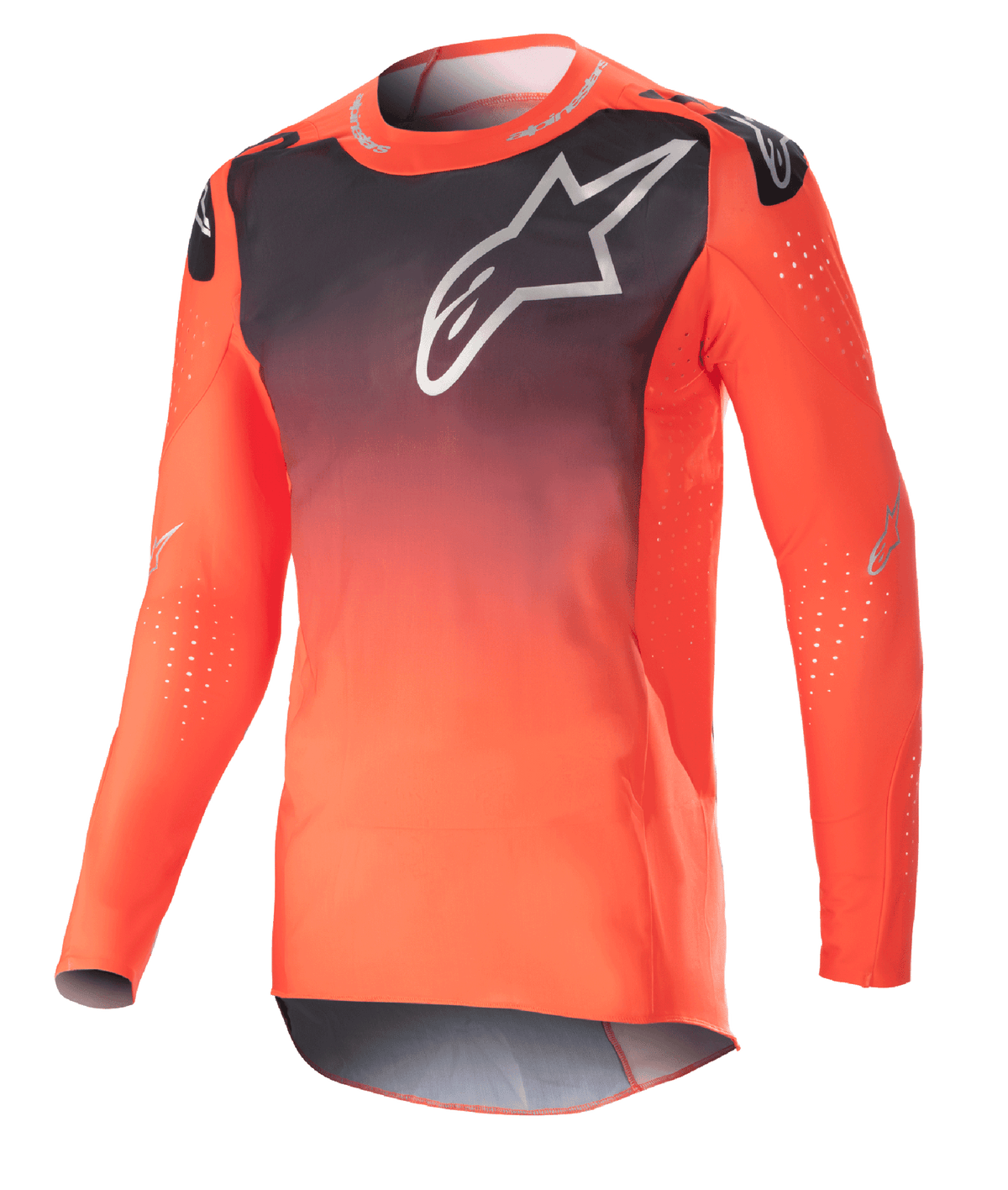 Alpinestars 2023 Supertech Risen Jersey, Motocross Jersey, Hot Orange and Black gradient, featuring a large white logo on the chest, laser-cut perforations for airflow, lightweight stretch mesh fabric, performance race fit