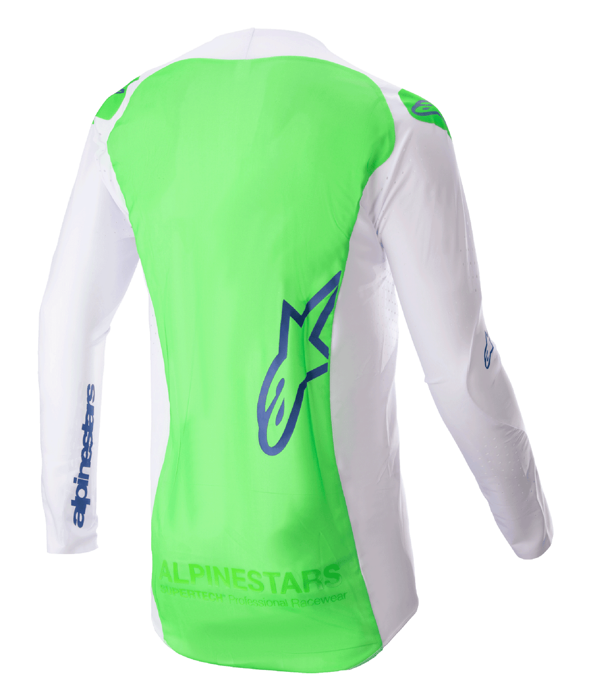 Alpinestars 2023 Supertech Risen Jersey, Motocross Jersey, White and Green Fluo with Blue Ray accents, back view highlighting breathable stretch mesh and extended rear panel for coverage, lightweight performance gear for off-road racing