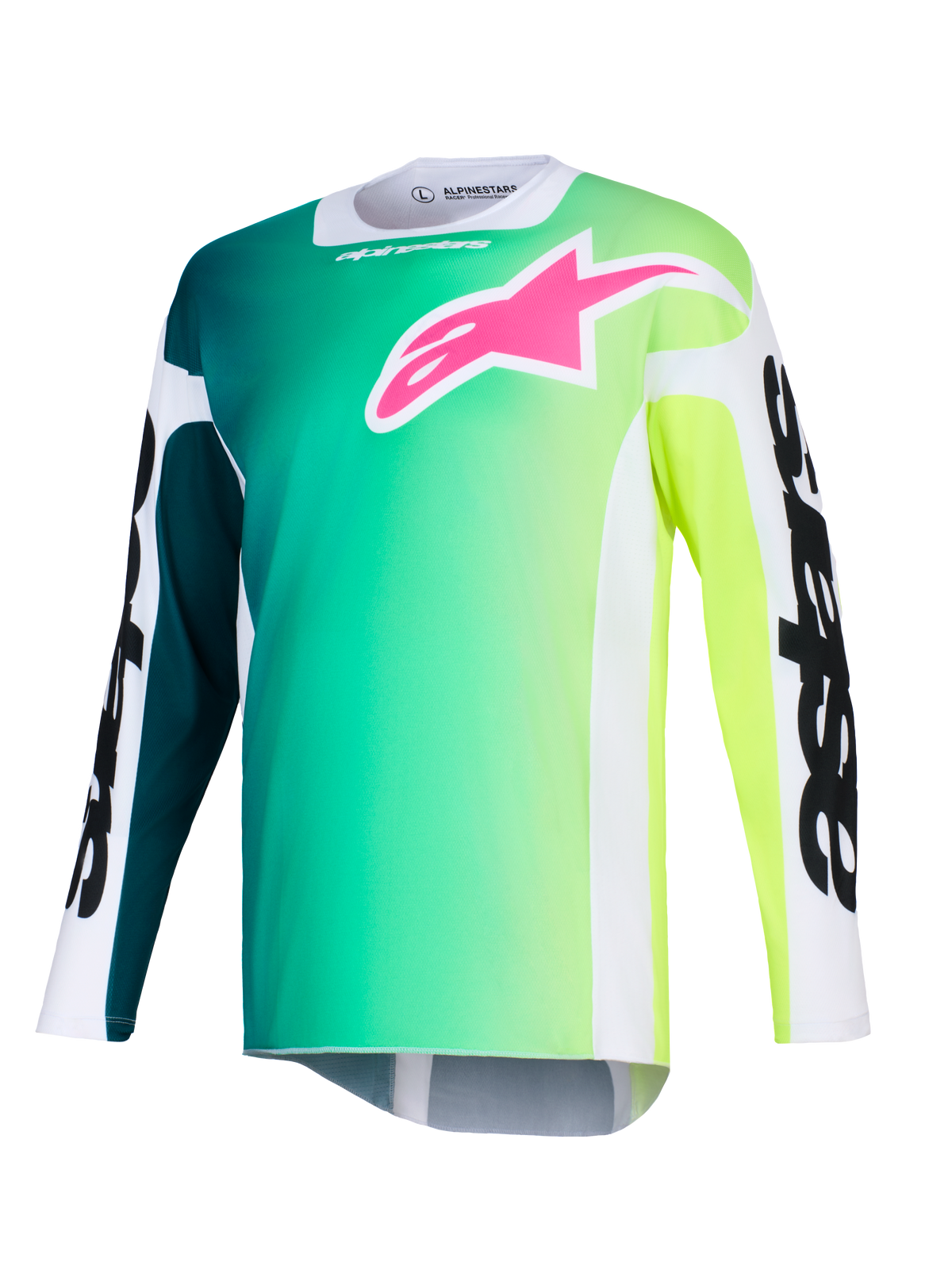 Alpinestars 2026 Racer Portl Jersey, Motocross Jersey, Green and Yellow Gradient, vibrant pink logo on the chest, white sleeves with bold black Alpinestars text, lightweight performance fabric for off-road riding