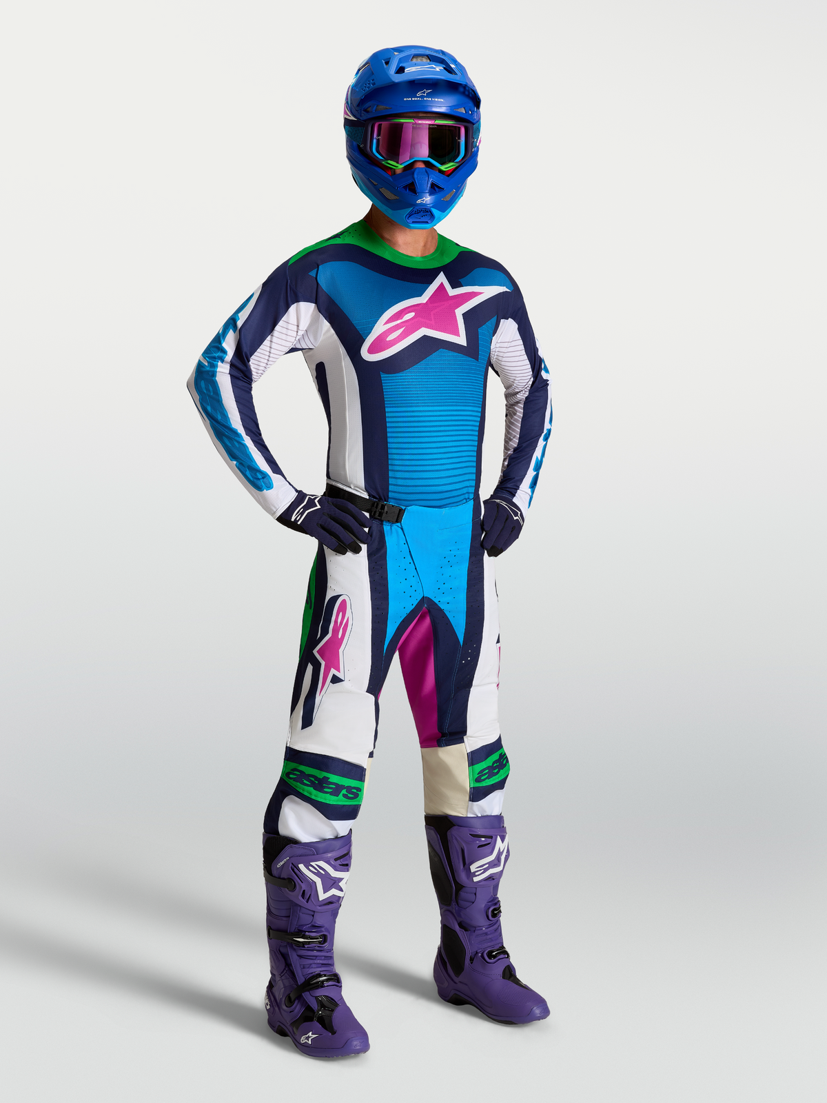 Alpinestars Techstar Maven Jersey, Blue and White motocross jersey with athletic fit and moisture-wicking stretch fabric.