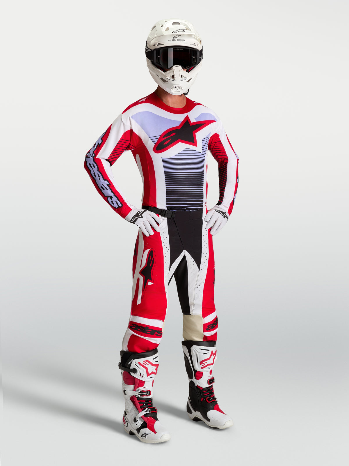 Alpinestars Techstar Maven Gear Set, men's red, white, and lavender motocross racing jersey and pants.