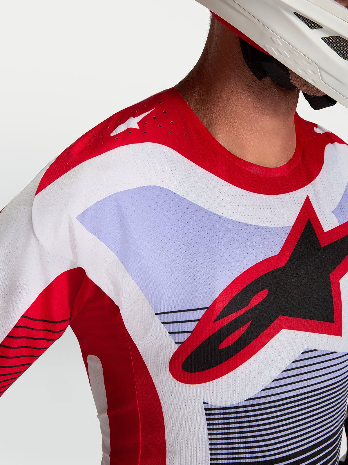 Alpinestars Techstar Maven Jersey, Motocross Racing, Red and Lavender, with laser-cut vents and athletic performance fit.