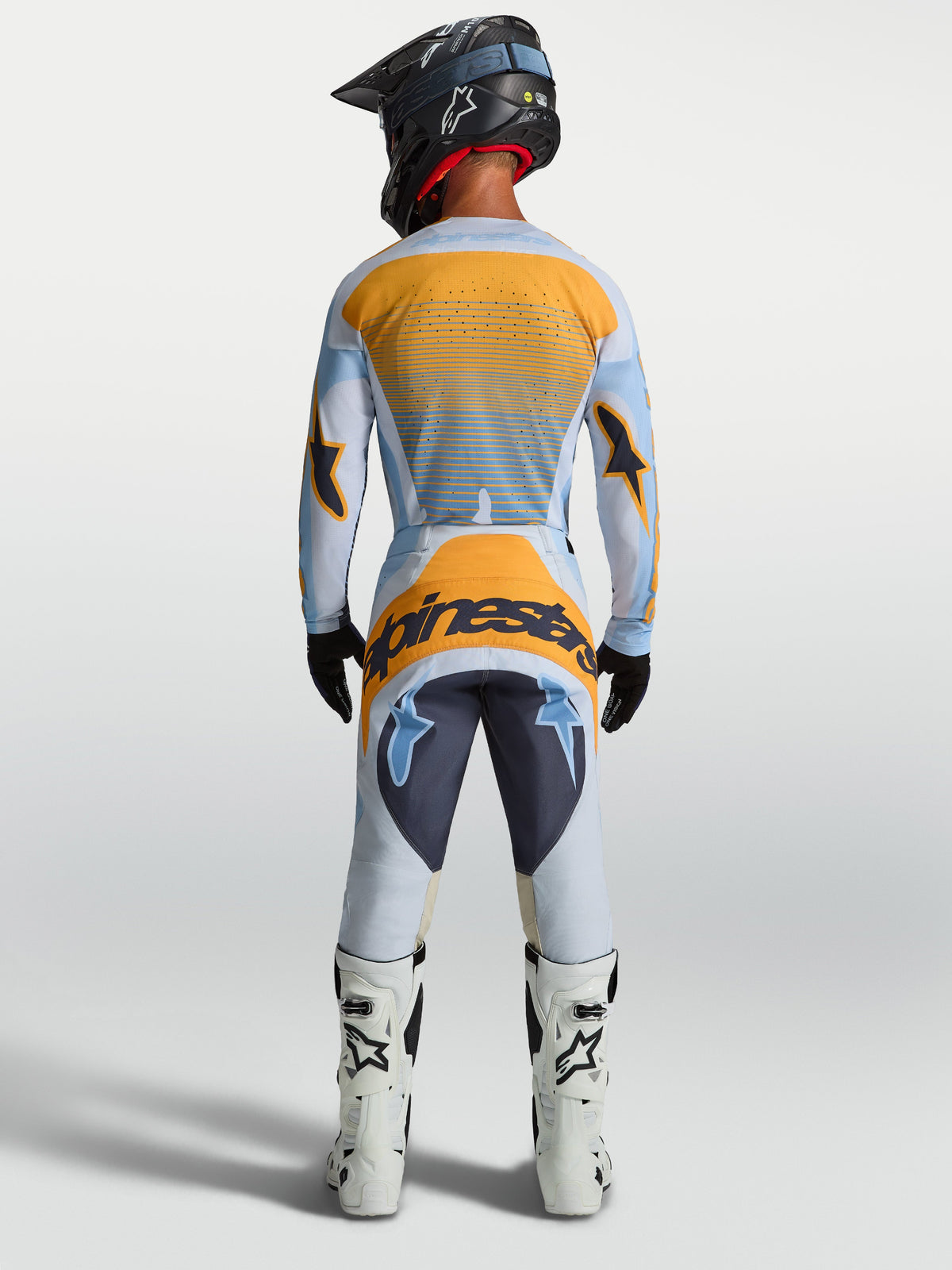 Alpinestars Techstar Maven Jersey AND Techstar Maven Gear Set, Motocross Racing, Men's, Dust Blue and Tangerine, back view.