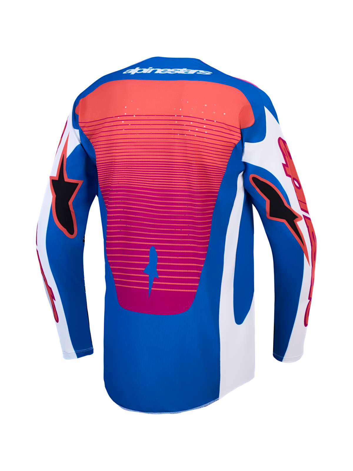 Alpinestars 2027 Techstar Maven Jersey back view, blue and red motocross racing jersey, featuring laser-cut ventilation and breathable athletic fit.