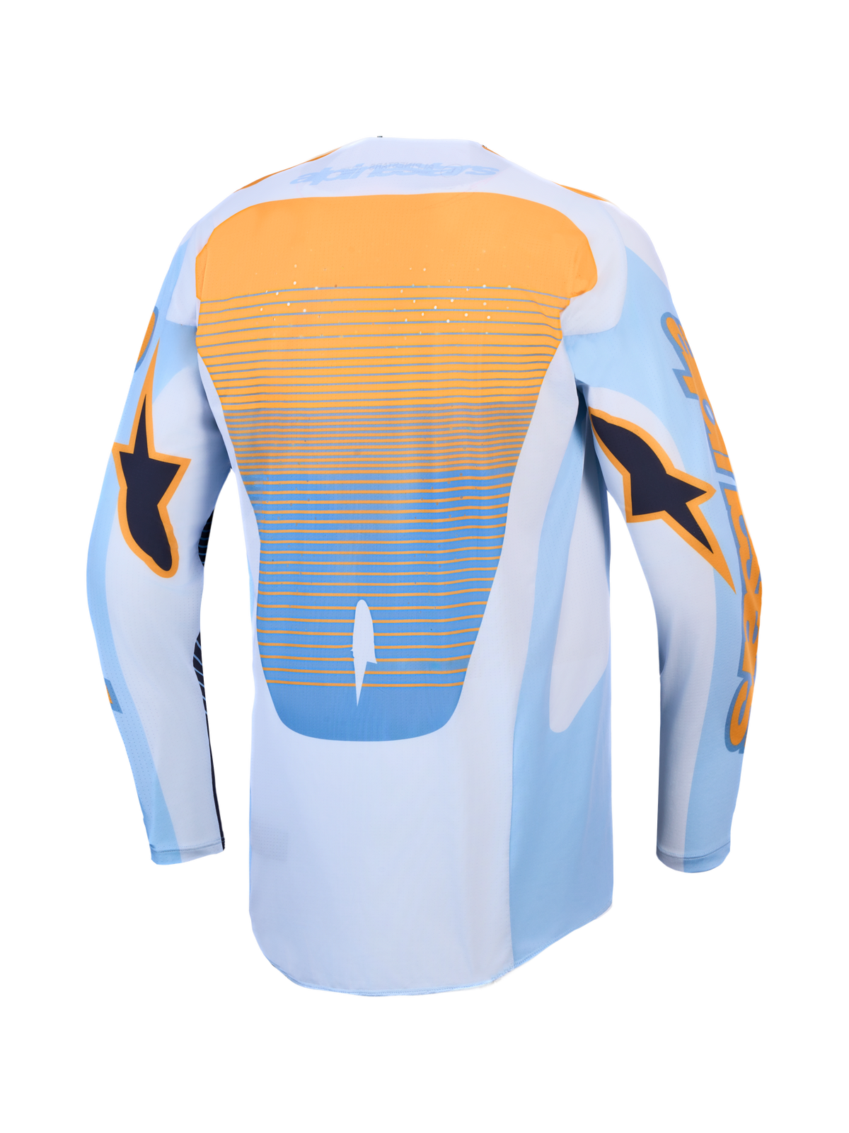 Alpinestars Techstar Maven Jersey, blue and tangerine motocross racing jersey with laser-cut ventilation and dropped tail.